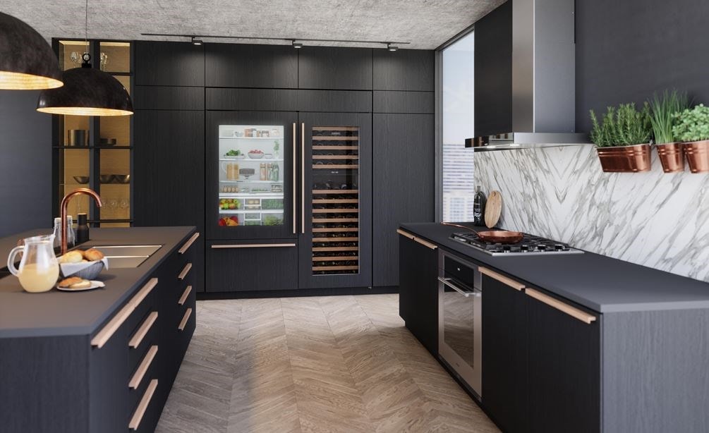 Sub-Zero 30-inch Classic Wine Storage featuring UV-resistant glass door shown in impressive luxury kitchen featuring fine design materials for enduring beauty.