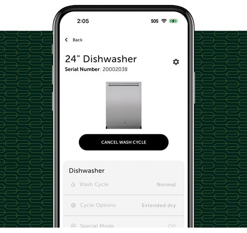 Monitor the wash status of your Cove Dishwasher including wash cycle options, modes and delay start settings using the Sub-Zero, Wold and Cove Owners App