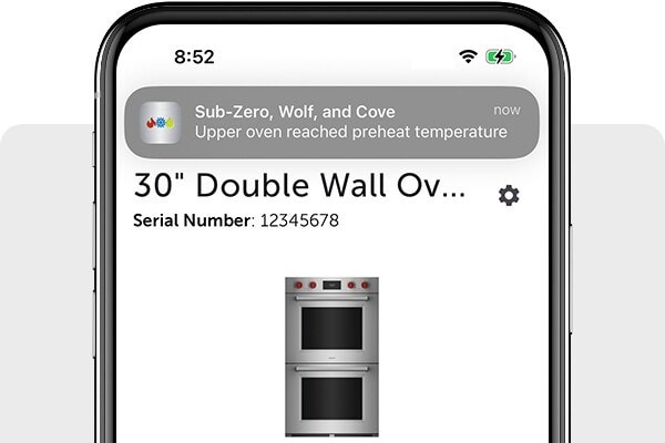 Upper oven reached preheat temperature alert shown using the Sub-Zero, Wolf and Cove Owners App