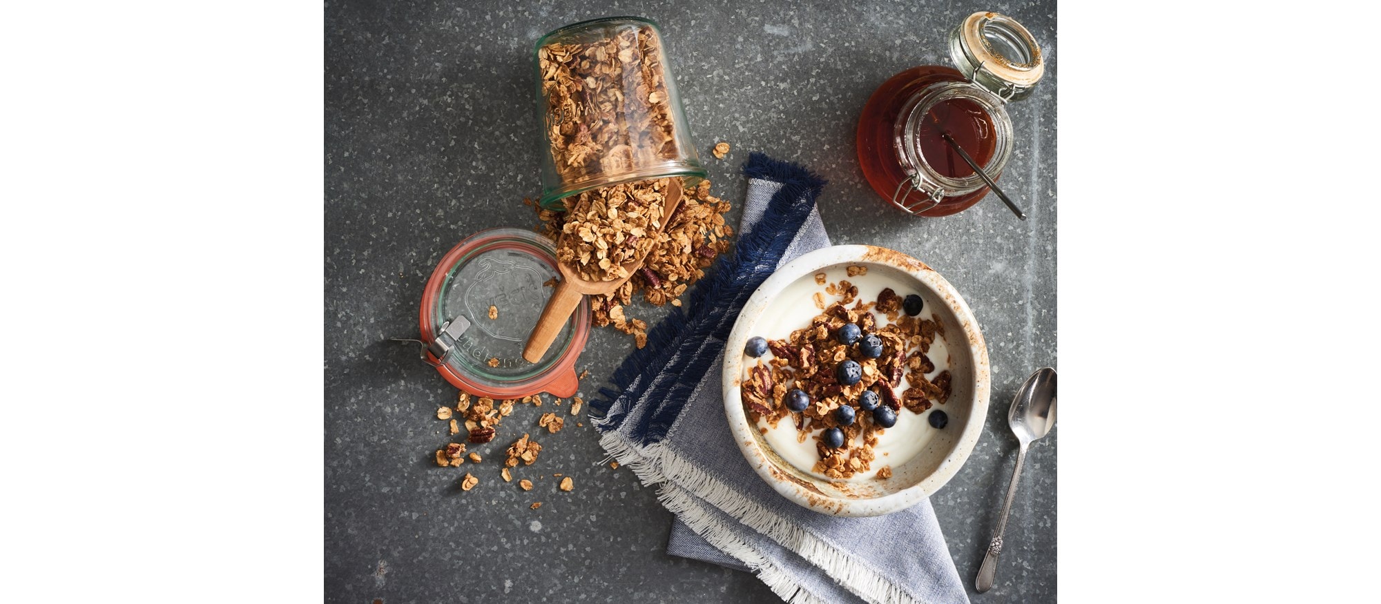 Granola and honey topping on yogurt