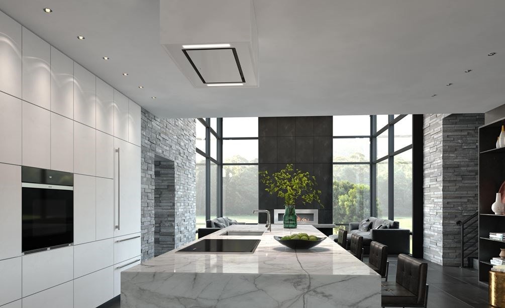 Wolf 36" Transitional Induction Cooktop pictured in a modern kitchen design featuring gray and white marble countertop and smooth white handleless cabinets.