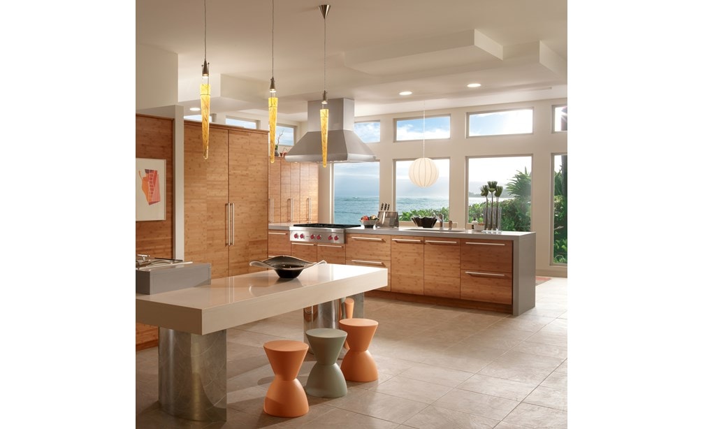 The Wolf 36" Sealed 4 Burner Rangetop and Infrared Griddle (SRT364G) featured in a large modern eat-in kitchen.