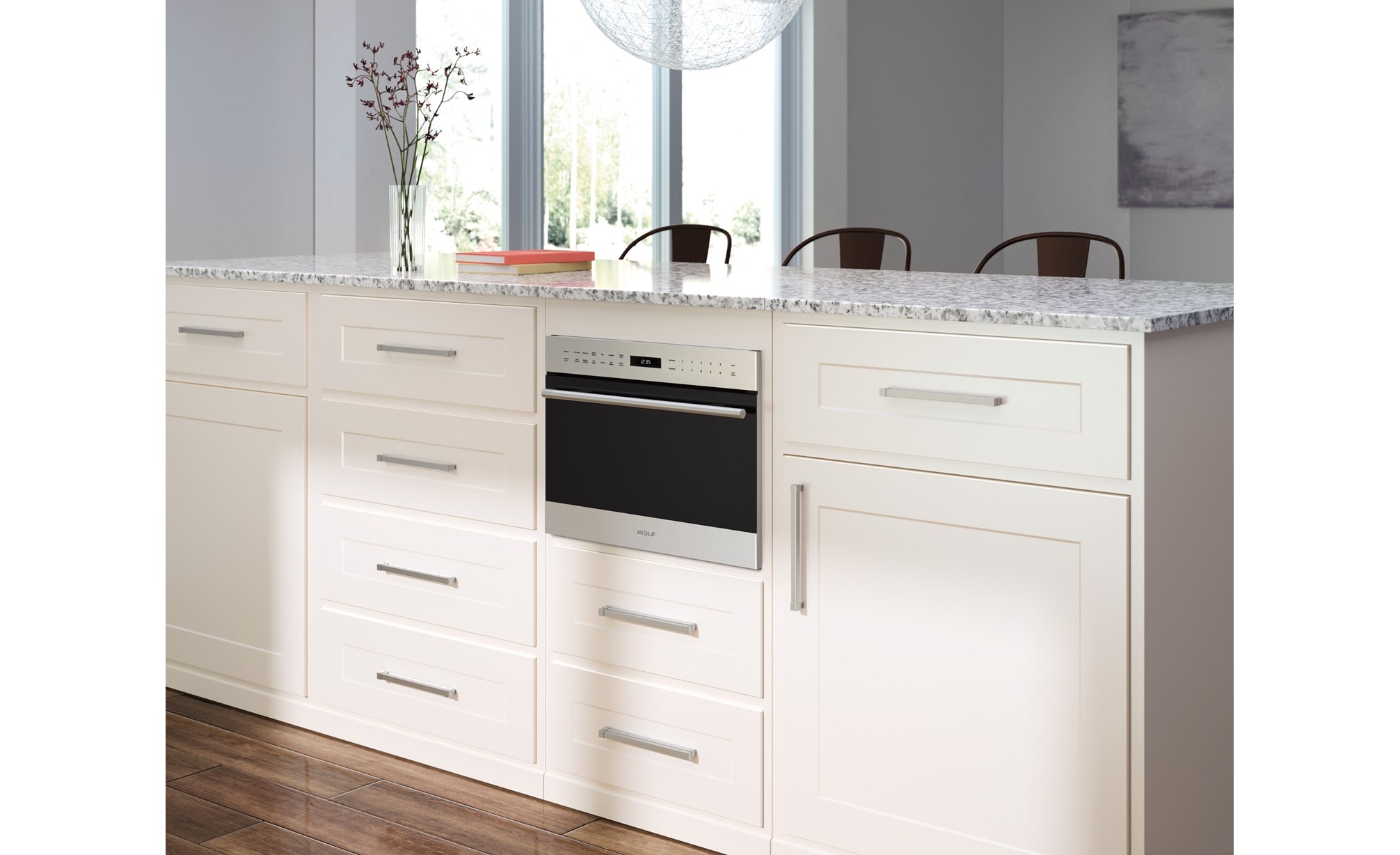 Wolf 24" E series Transitional Drop-Down Door Microwave Oven (MDD24TE/S/TH) adding maximum counter space in classic white kitchen design