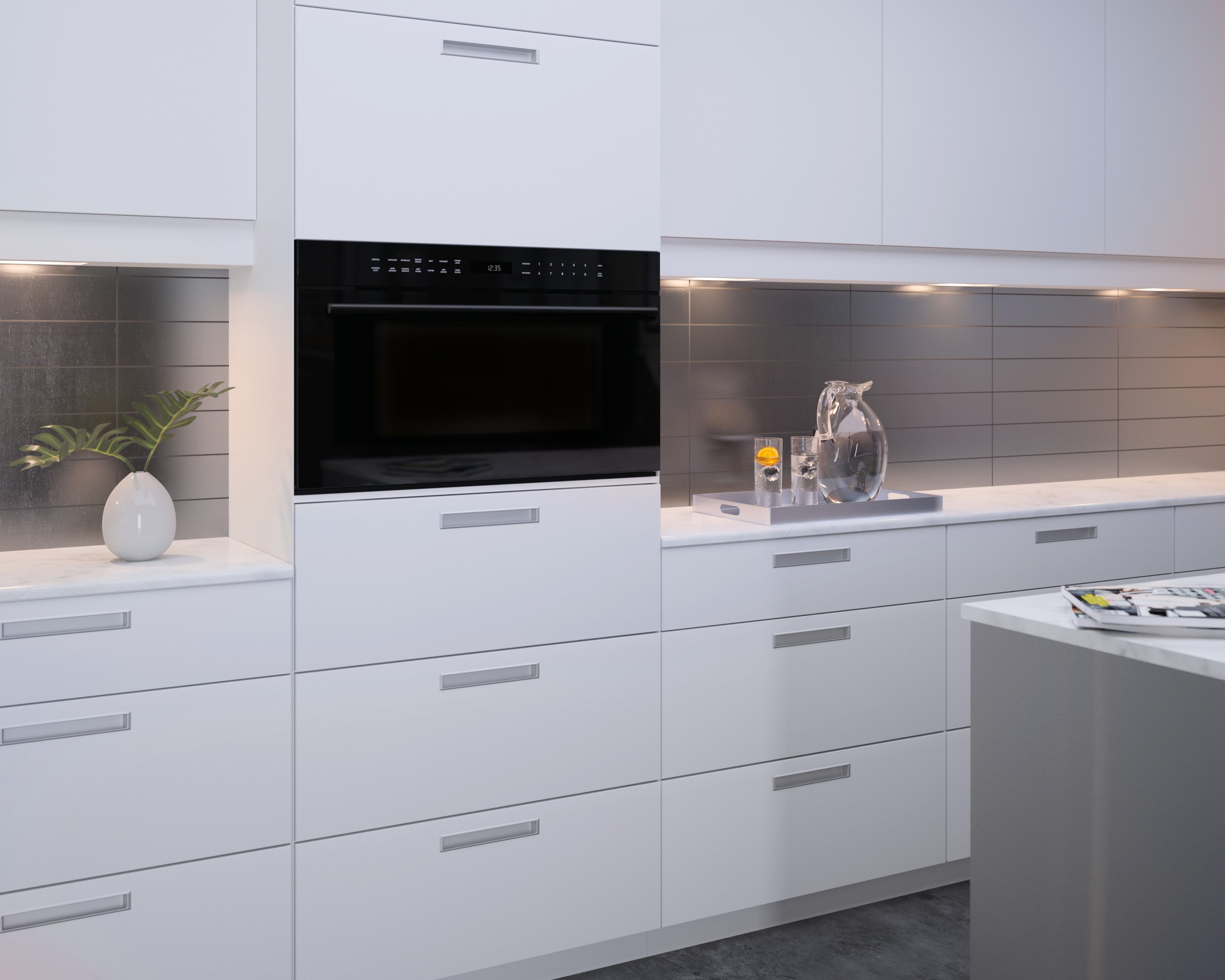 Wolf 30" M series Contemporary Drop-Down Door Microwave Oven (MDD30CM/B/TH) in modern galley kitchen with white cabinets and gray backsplash