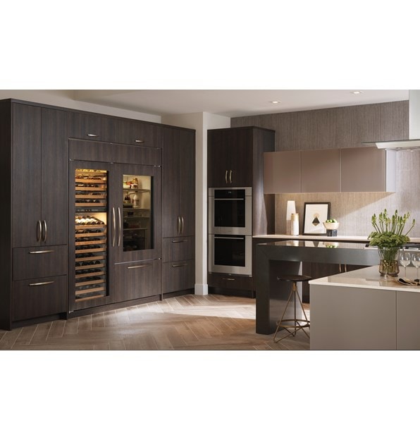 Wolf 30" M Series Contemporary Black Glass Double Oven (DO30CM/B) with Sub-Zero 36" Classic Over Under Glass Door Refrigerator (BI-36UG/O)