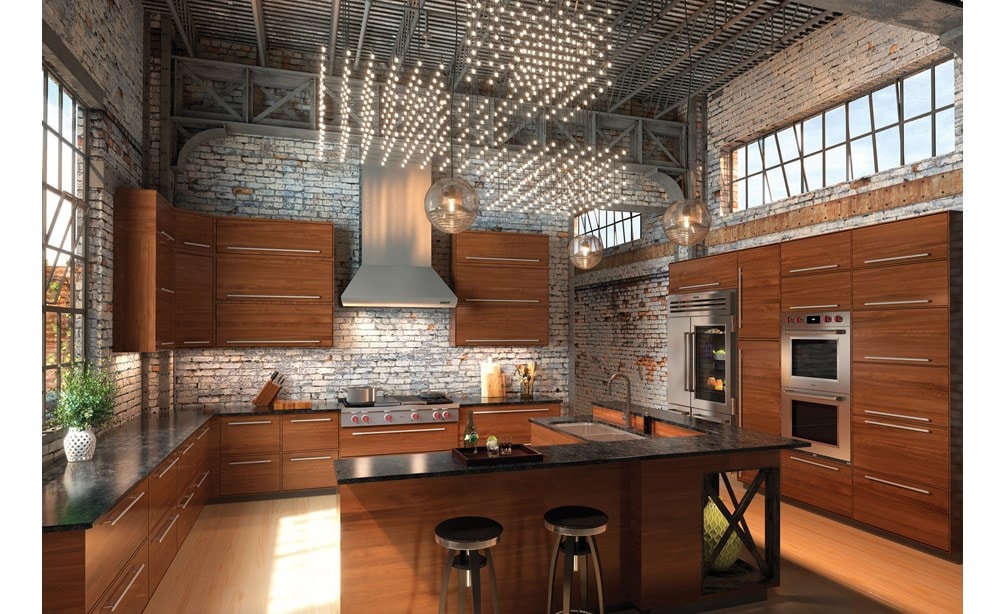 The Wolf 30" M Series Professional Double Oven (DO30PM/S/PH) shown integrated into an urban industrial kitchen design style