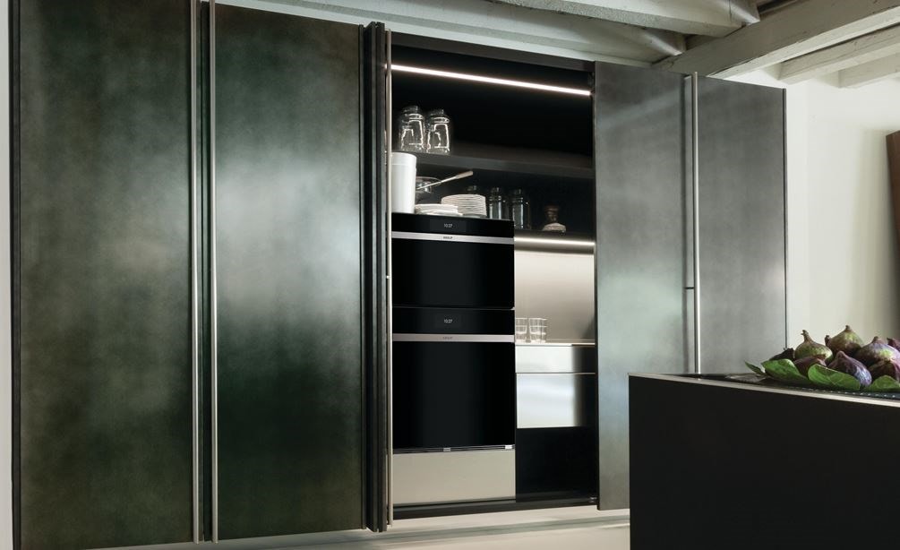 Wolf 30&quot; E Series Contemporary Convection Steam Oven (CSO30CM/B/TH) paired with Sub-Zero 30&quot; Designer Column Refrigerator (IC-30RID)