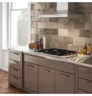 The Wolf 30" Cooktop Wall Hood - Black (VW30B) shown with Wolf 24" E Series Transitional Classic Single Oven (SO24TE/S/TH)