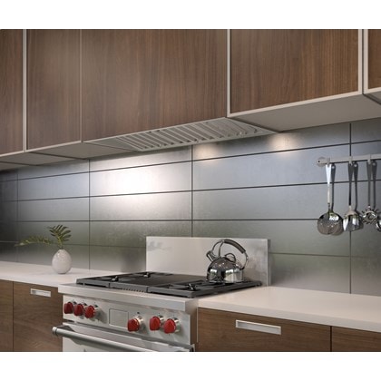 The Wolf 40" Pro Hood Liner 22" Depth (PL402212) blends expertly into sleek modern kitchen cabinetry with natural wood finish
