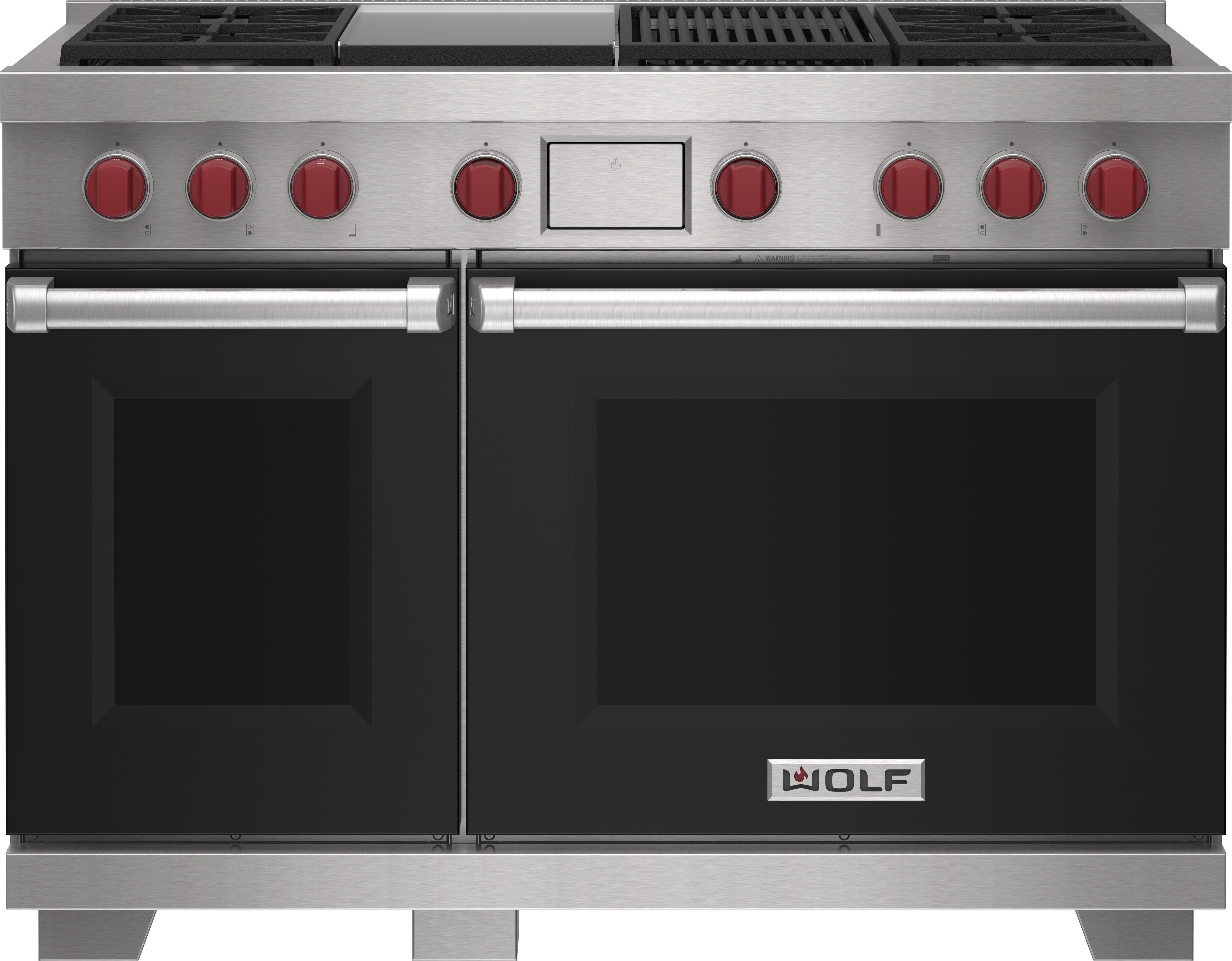 Wolf 48&quot; 4 Burner Dual Fuel Range with Infrared Charbroiler and Griddle (DF48450CG/BK/P) featuring black accent colored door and signature red Wolf knobs.