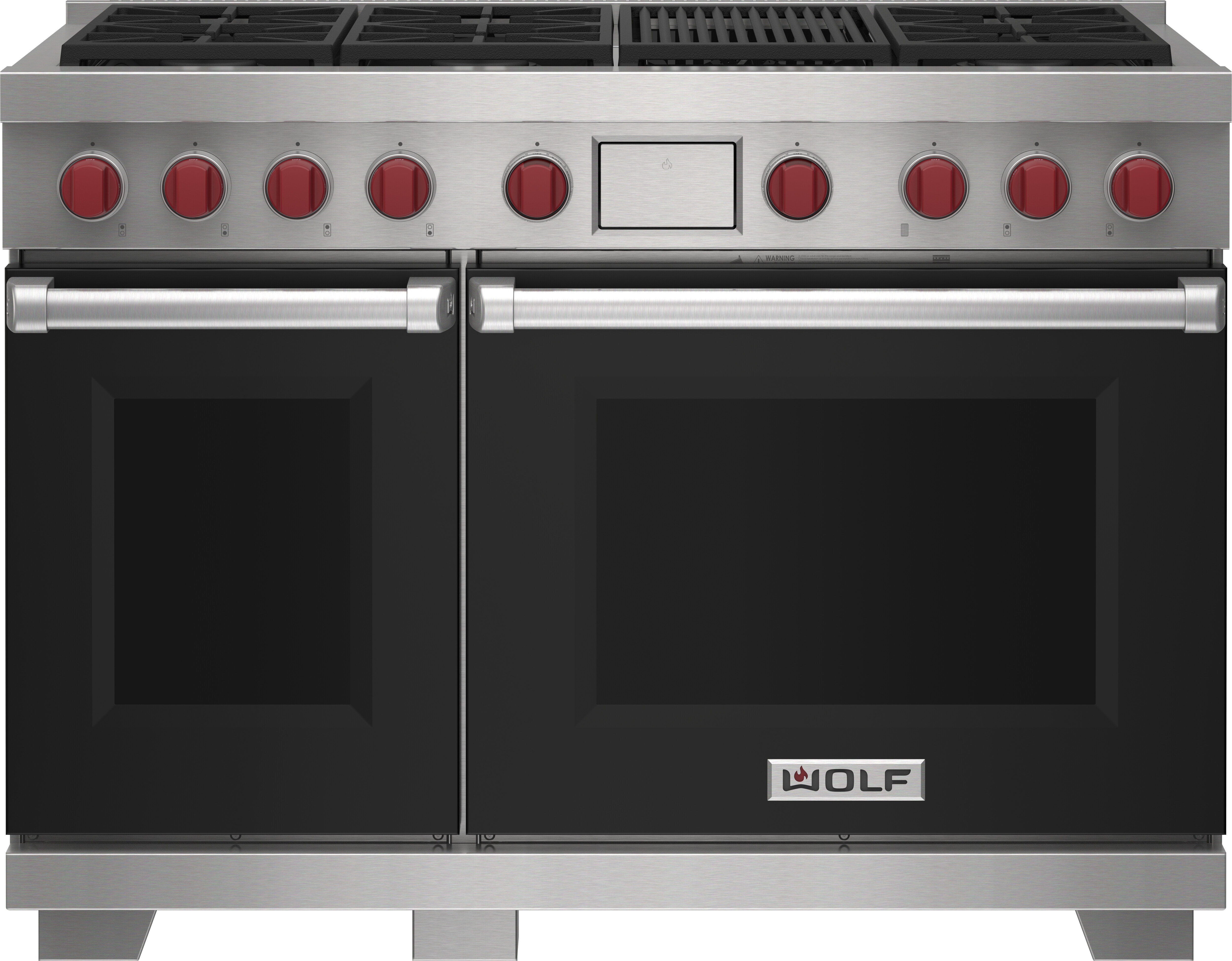 Wolf 48&quot; 6 Burner Dual Fuel Range with Infrared Charbroiler (DF48650C/BK/P) featuring black accent colored door and signature red Wolf knobs.