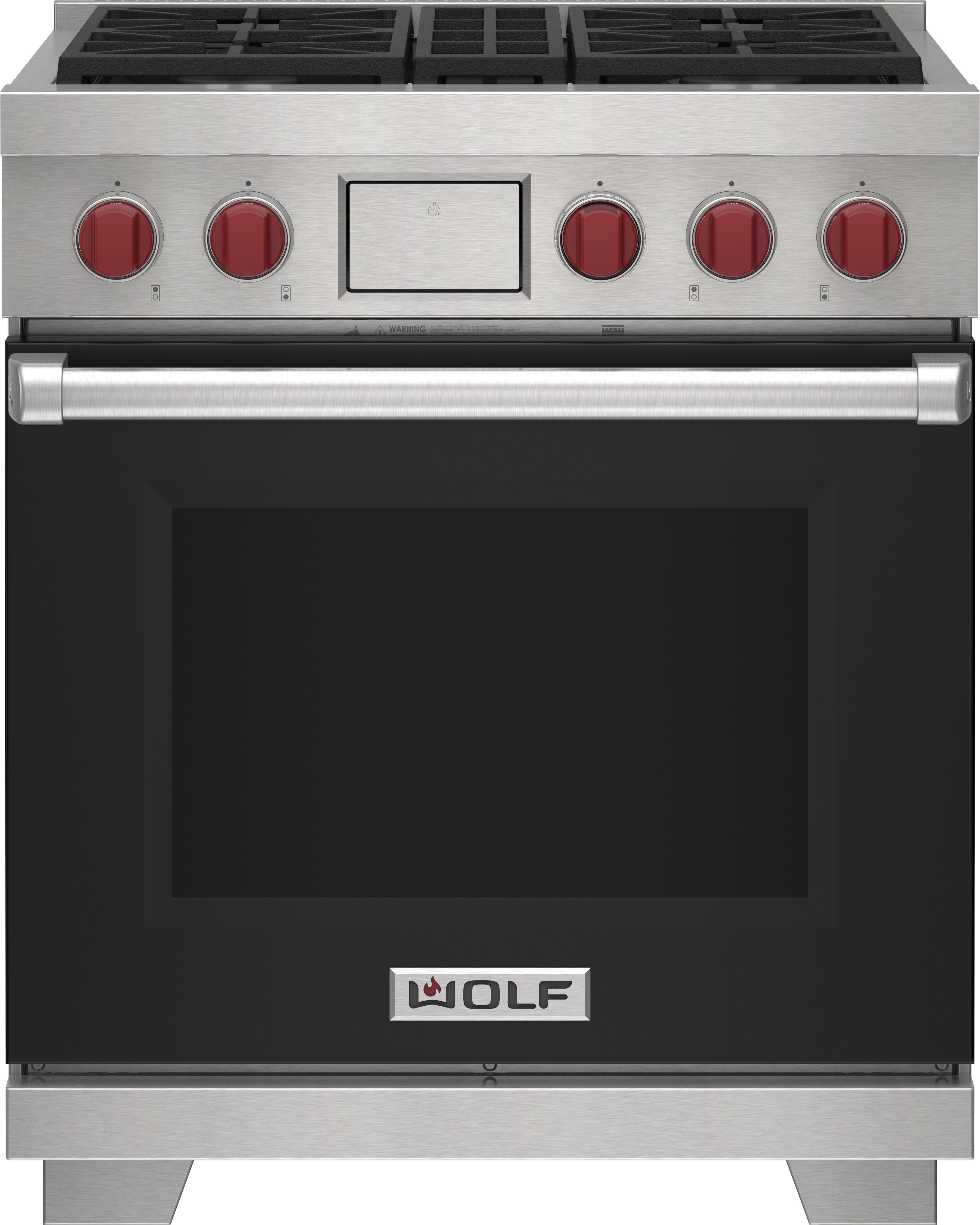 Wolf 30&quot; 4 Burner Dual Fuel Range (DF30450/S/P) featuring black accent colored door and signature red Wolf knobs.
