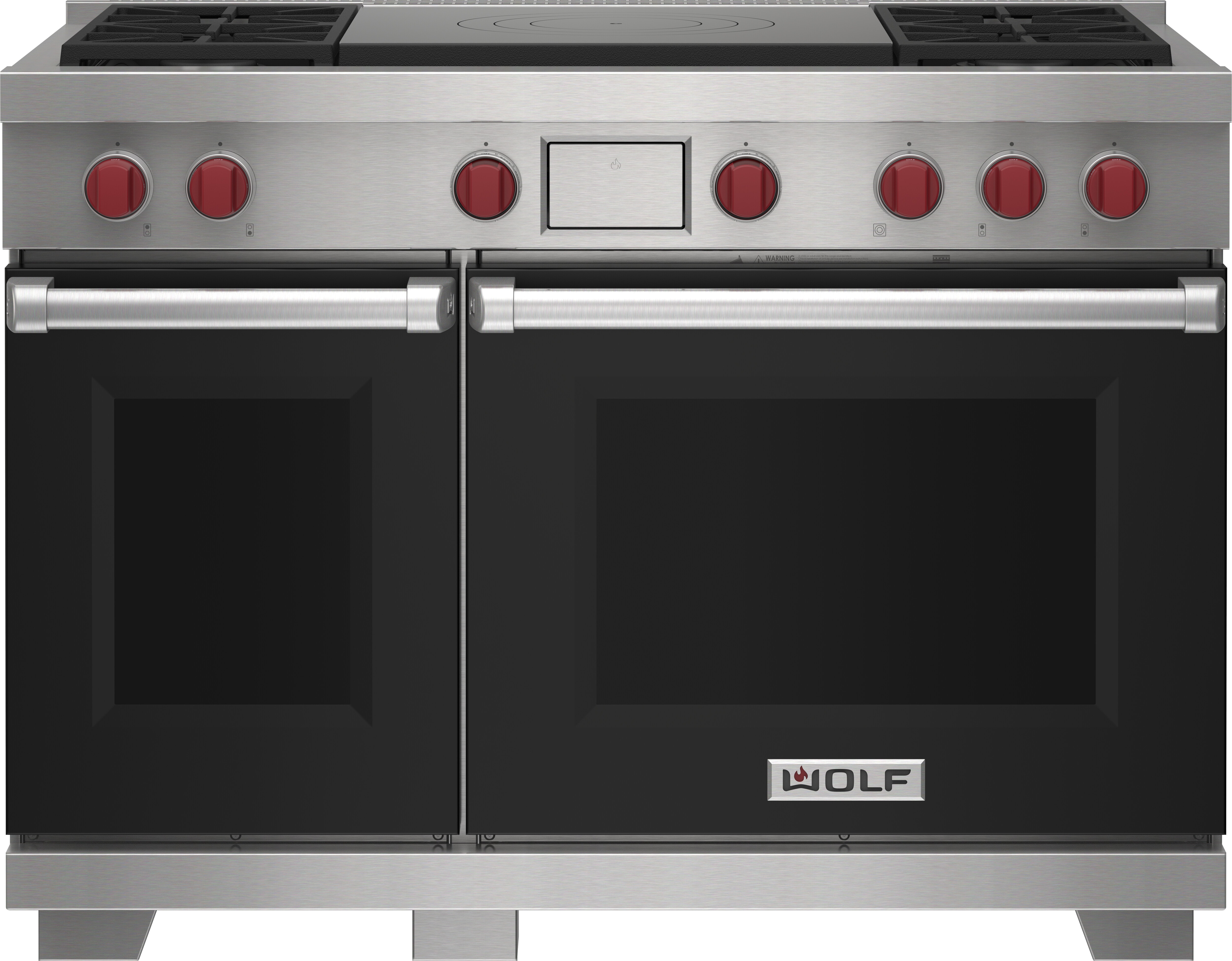 Wolf 48&quot; 4 Burner Dual Fuel Range with French Top (DF48450F/BK/P) featuring black accent colored door and signature red Wolf knobs.