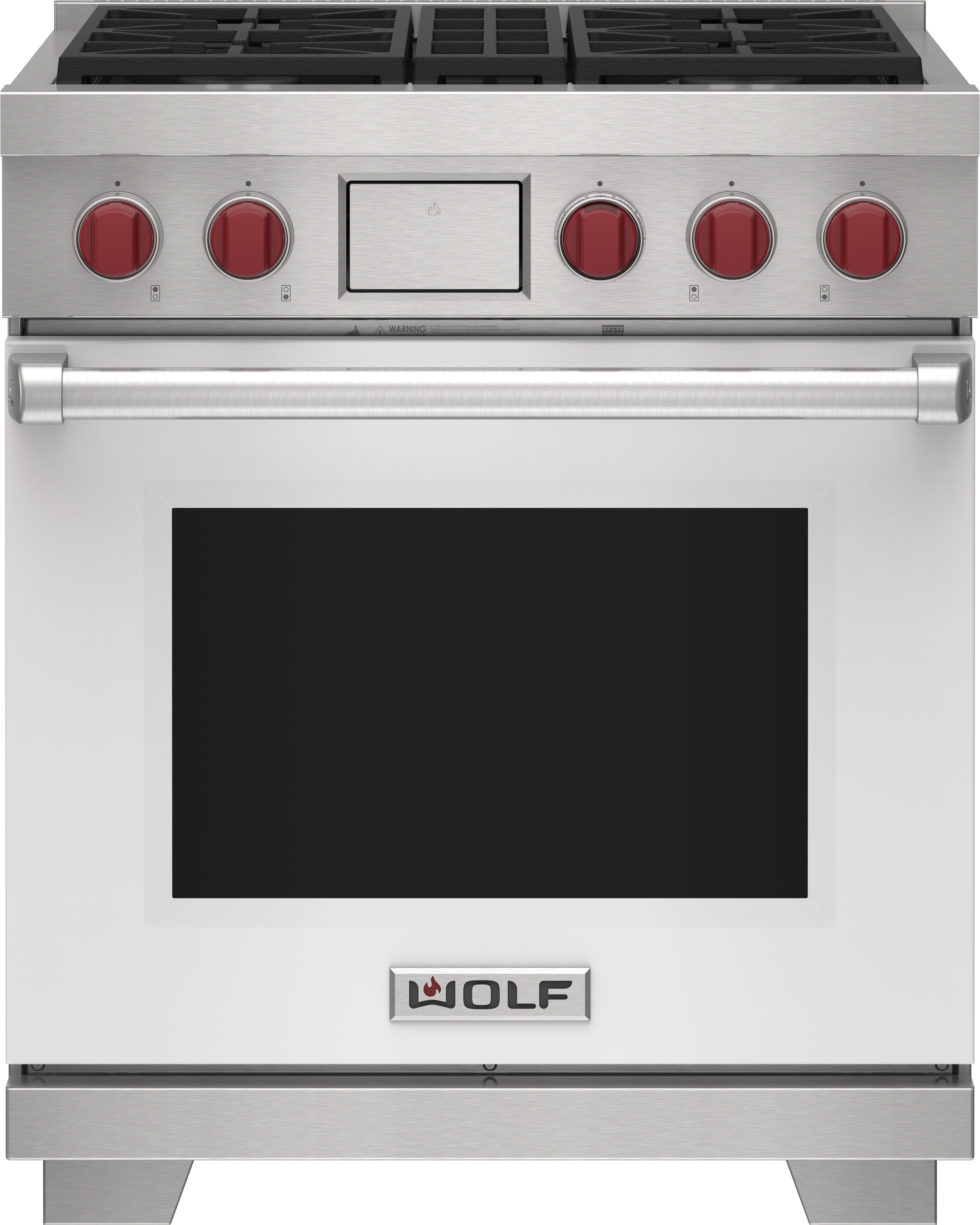 Wolf 30&quot; 4 Burner Dual Fuel Range (DF30450/S/P) featuring white accent colored door and signature red Wolf knobs.
