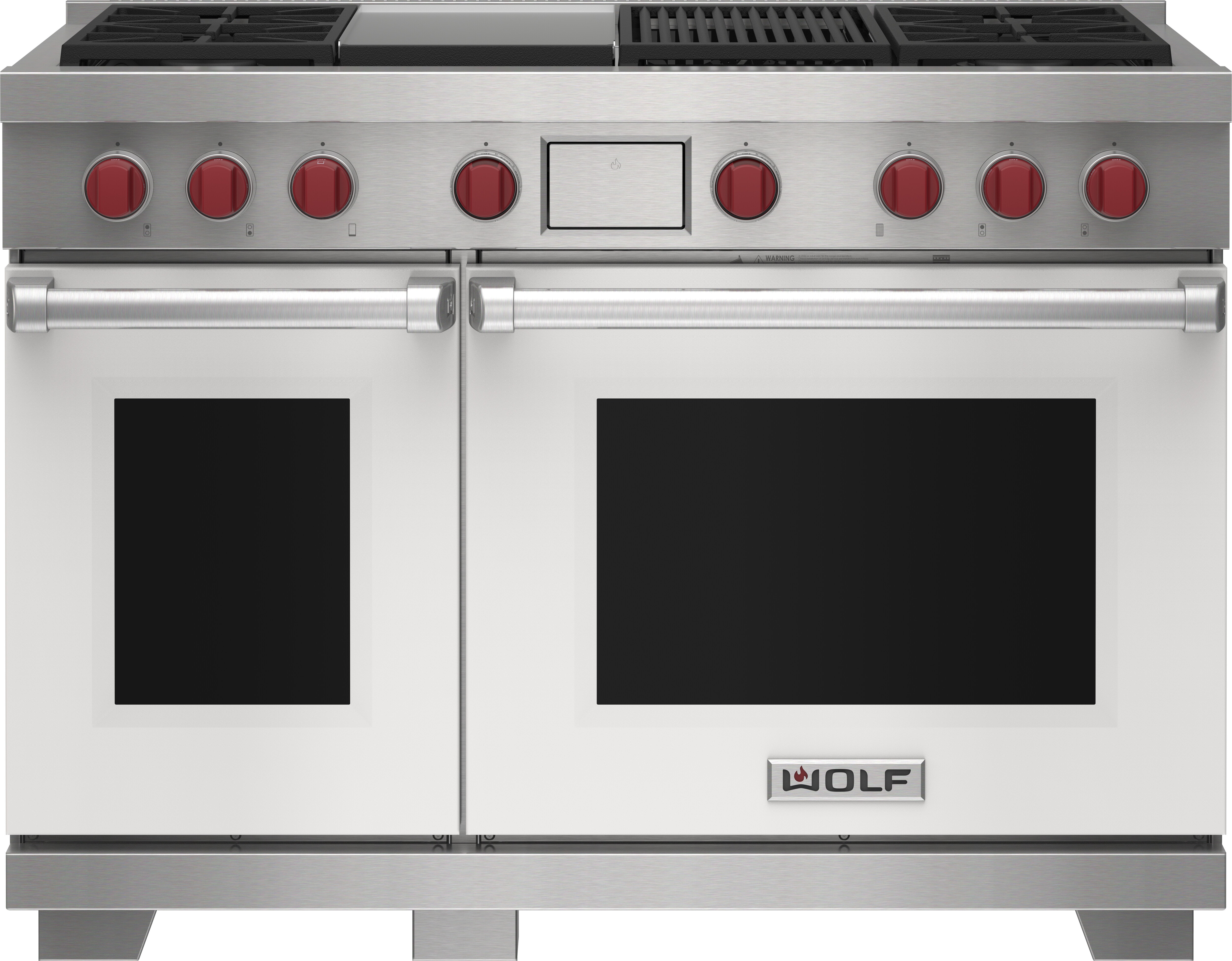 Wolf 48&quot; 4 Burner Dual Fuel Range with Infrared Charbroiler and Griddle (DF48450CG/WH/P) featuring white accent colored door and signature red Wolf knobs.