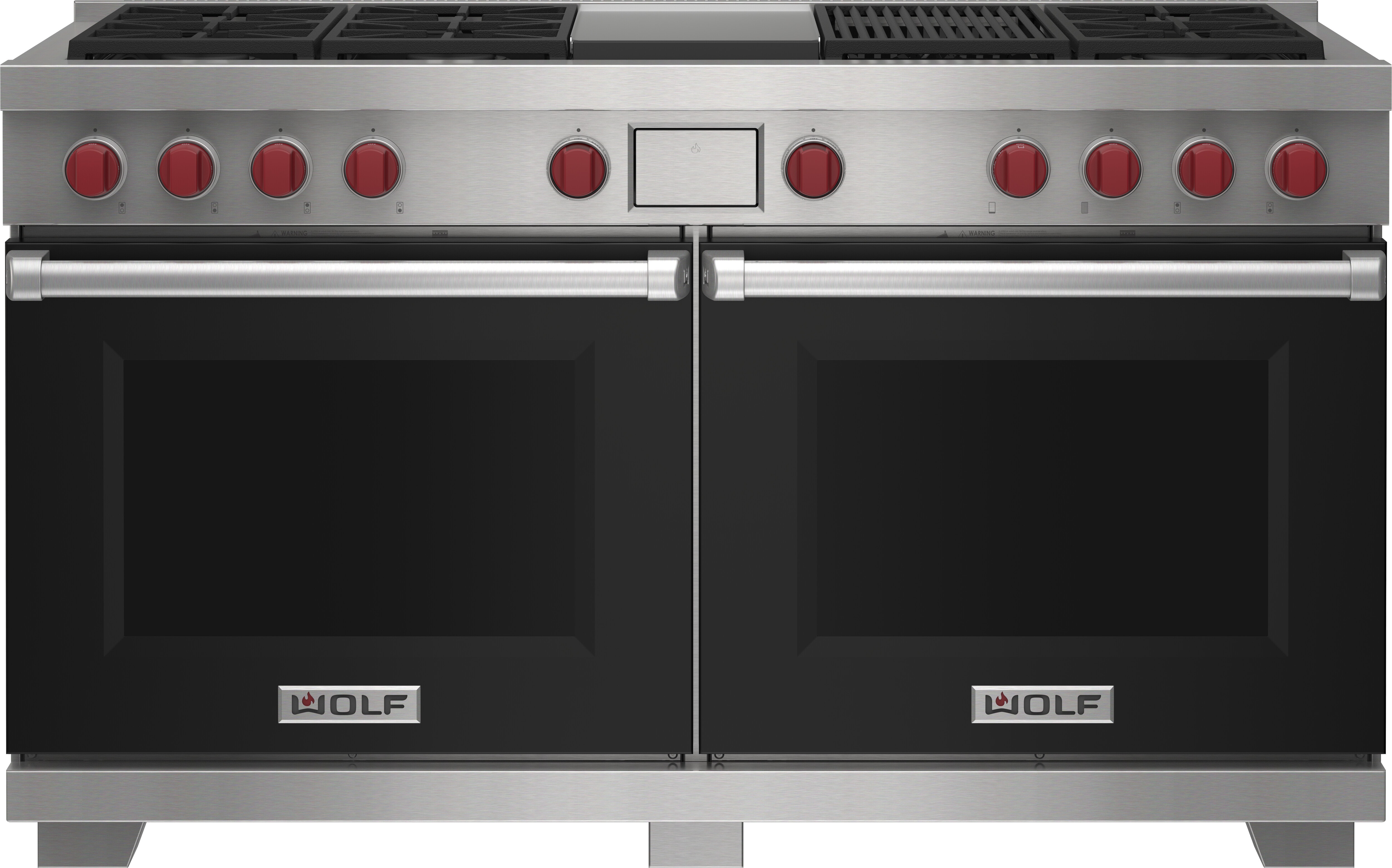 Wolf 60&quot; 6 Burner Dual Fuel Range with Infrared Charbroiler and Griddle (DF60650CG/BK/P) featuring black accent colored door and signature red Wolf knobs.