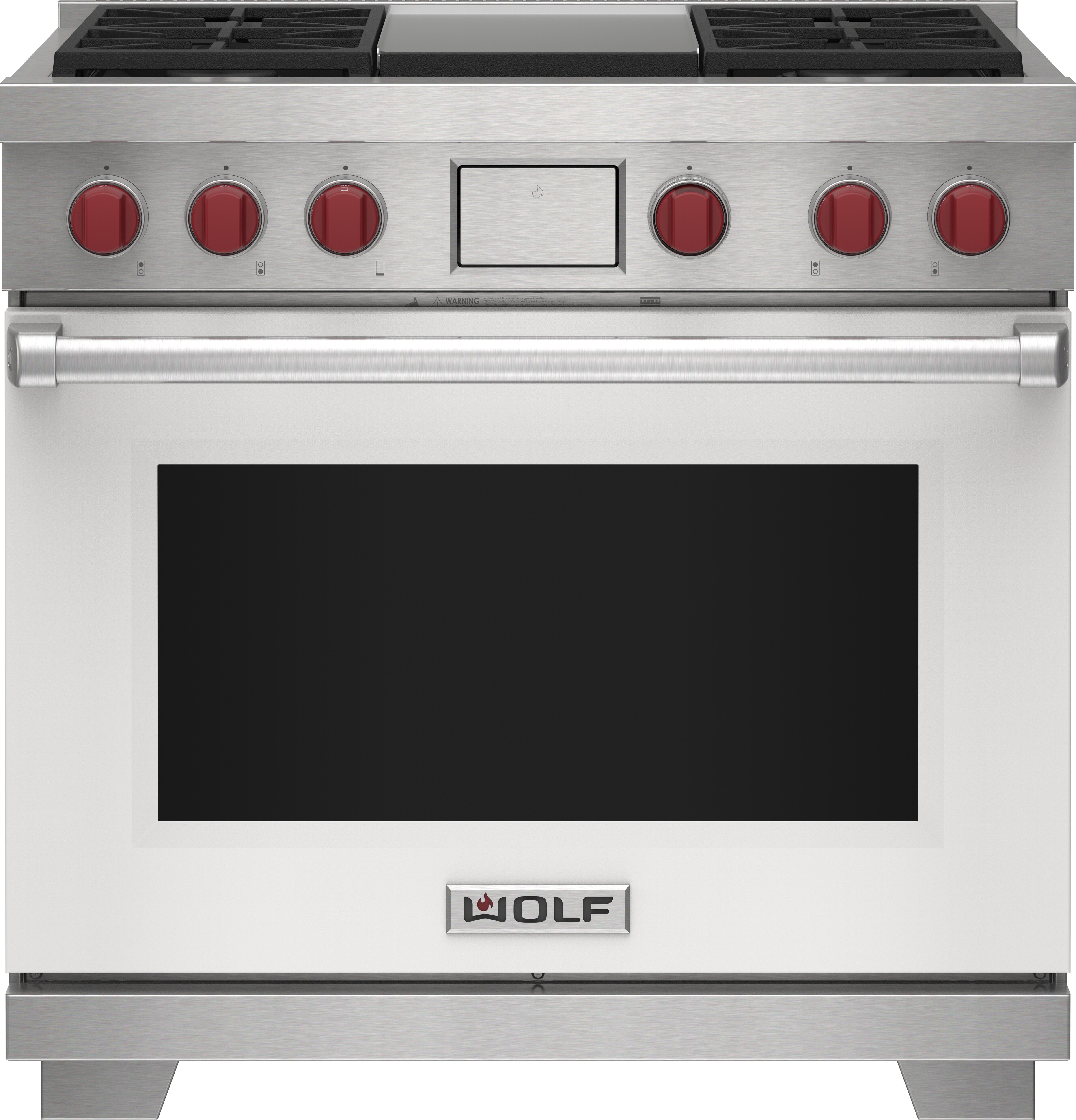 Wolf 36&quot; 4 Burner Dual Fuel Range with Infrared Griddle (DF36450G/WH/P) featuring white accent colored door and signature red Wolf knobs.