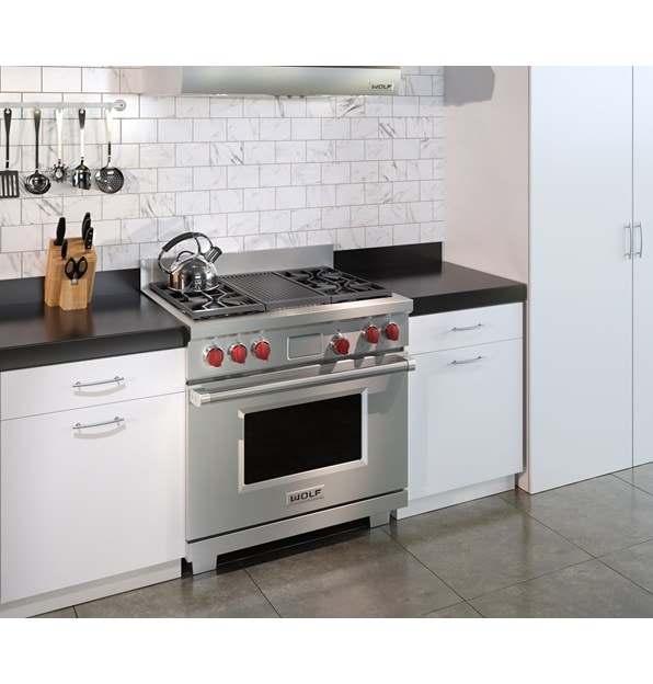 The Wolf 36" Dual Fuel Range 4 Burner Infrared Charbroiler (DF364C) shown in a clean contemporary kitchen design.