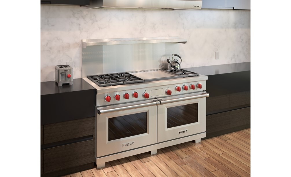 Wolf 60" Dual Fuel Range 6 Burner Infrared Dual Griddle (DF606DG) shown with Wolf Two-Slice-Toaster with Red Knob (WGTR102S)