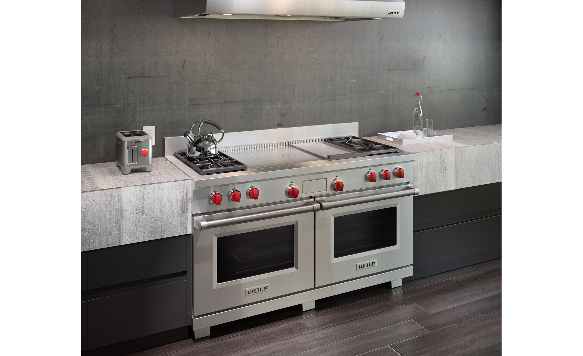 The Wolf 60" Dual Fuel Range 4 Burner Infrared Griddle French Top (DF604GF) with Wolf 60" Pro Wall Hood - 24" Depth (PW602418)