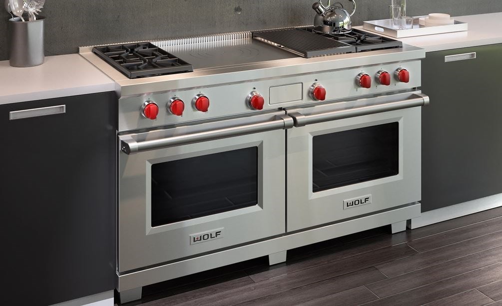 The Wolf 60&quot; Dual Fuel Range 4 Burner Infrared Charbroiler French Top (DF604CF) visually satisfies when used with deep toned kitchen design