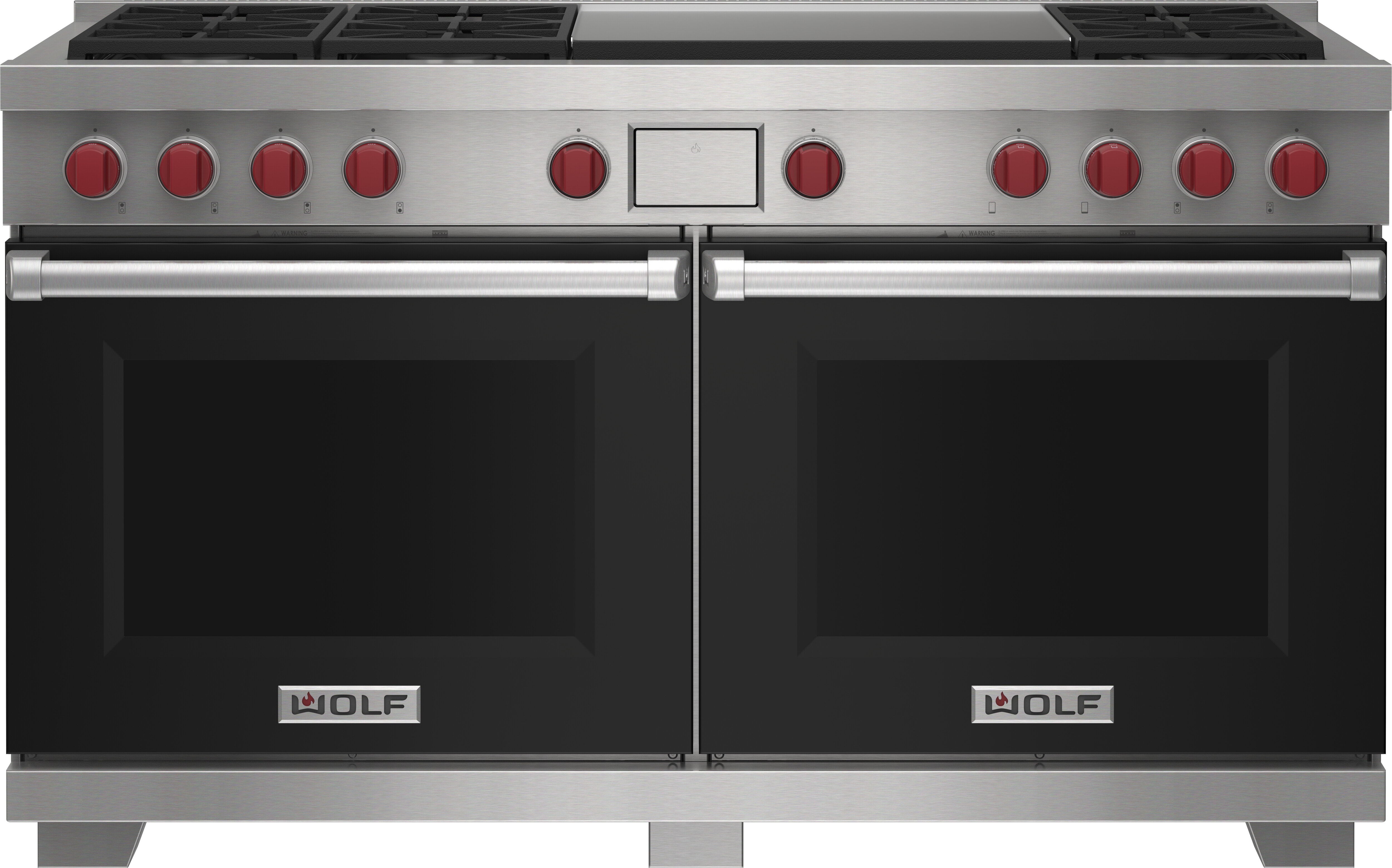 Wolf 60&quot; 6 Burner Dual Fuel Range with Infrared Dual Griddle (DF60650DG/BK/P) featuring black accent colored door and signature red Wolf knobs.