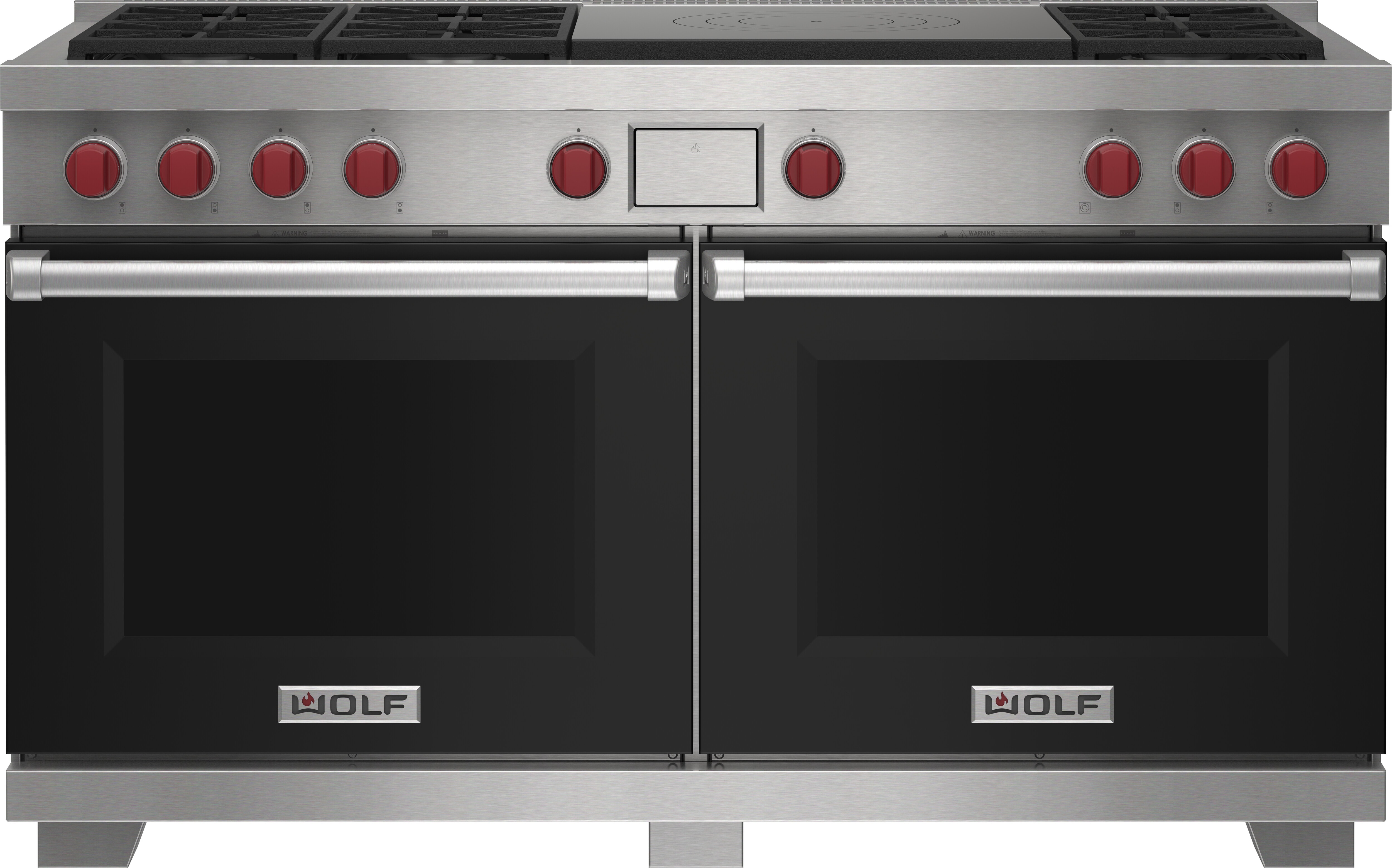 Wolf 60&quot; 6 Burner Dual Fuel Range with French Top (DF60650F/BK/P) featuring black accent colored door and signature red Wolf knobs.