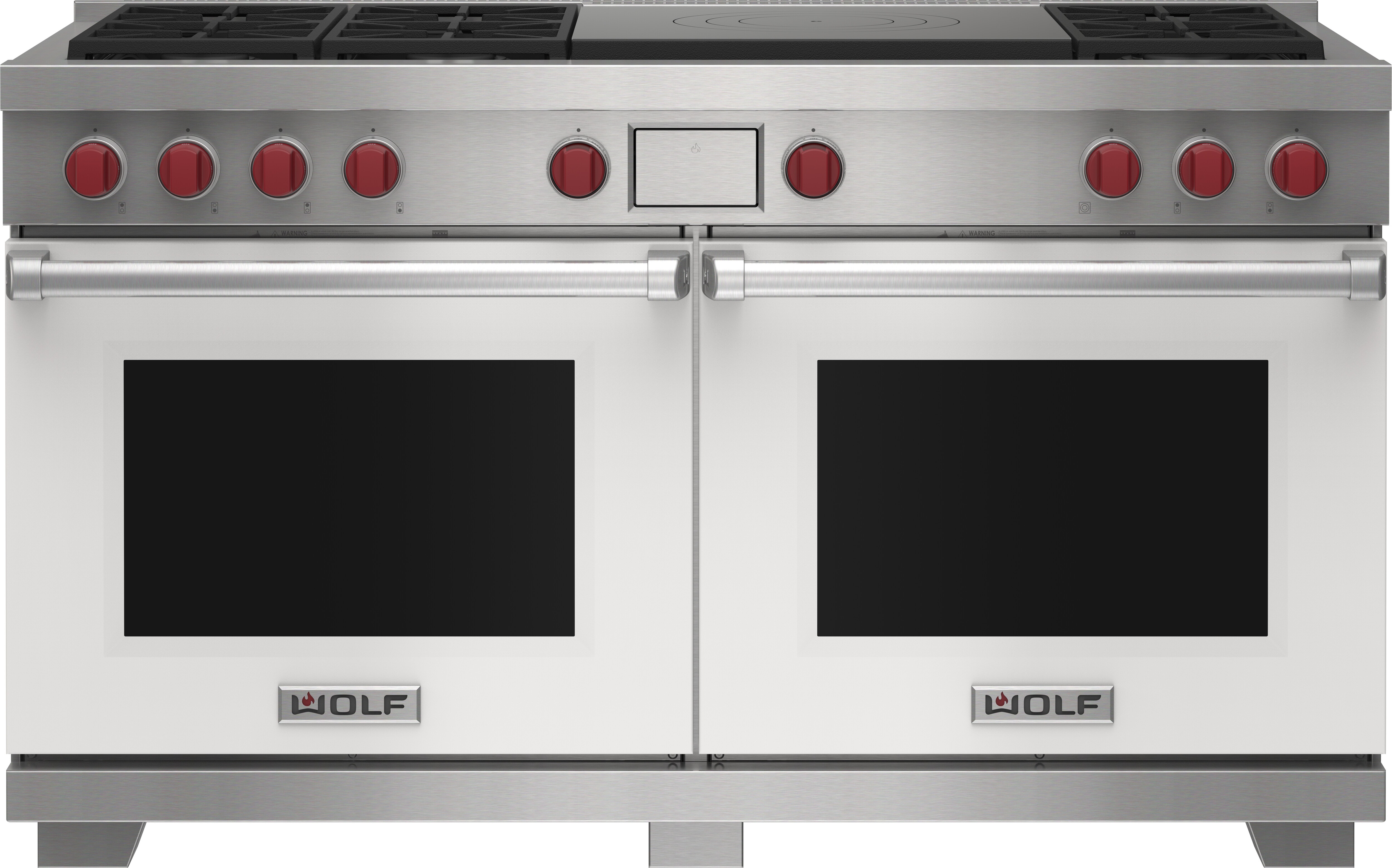 Wolf 60&quot; 6 Burner Dual Fuel Range with French Top (DF60650F/WH/P) featuring white accent colored door and signature red Wolf knobs.