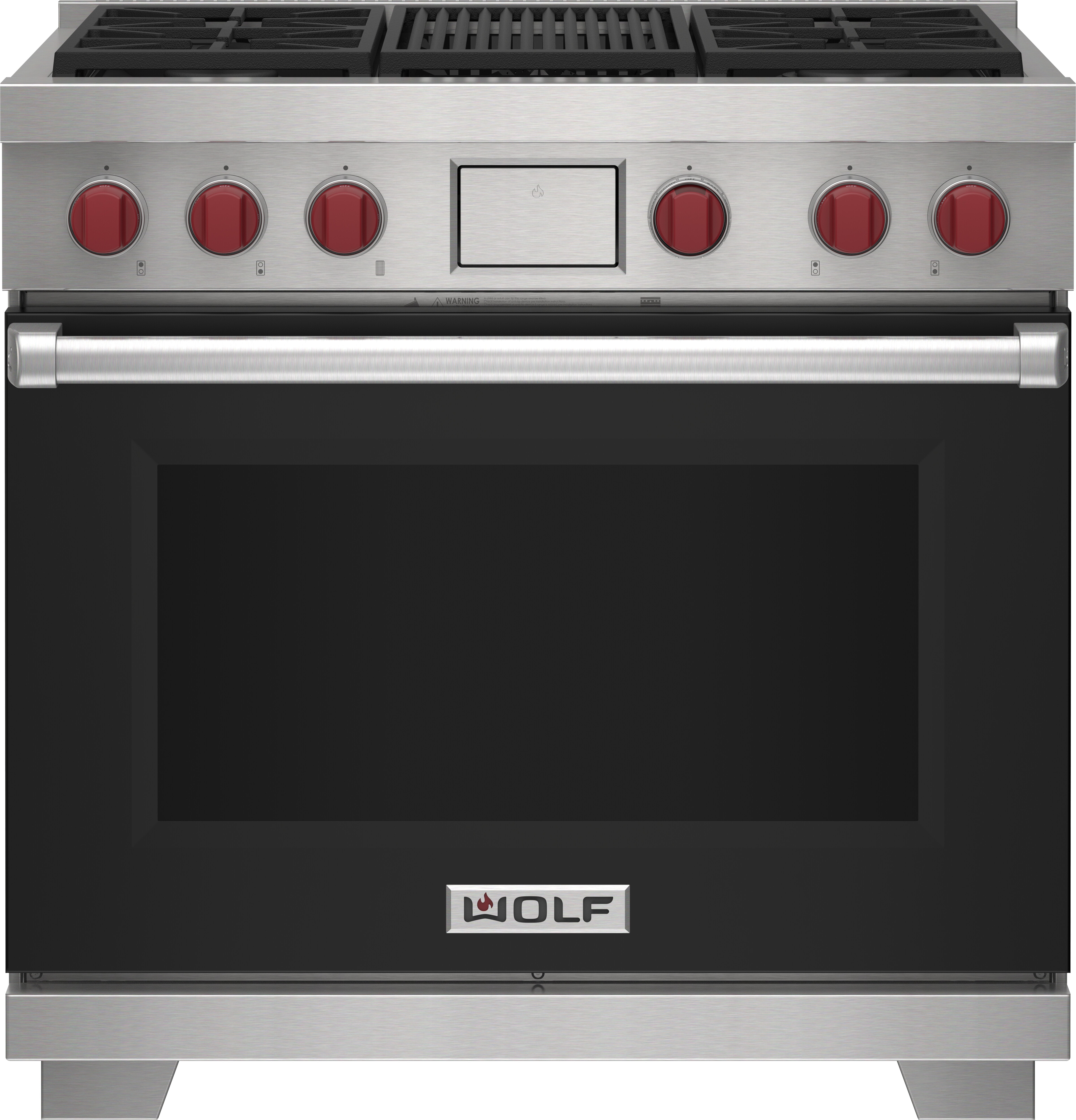 Wolf 36&quot; 4 Burner Dual Fuel Range with Infrared Charbroiler (DF36450C/BK/P) featuring black accent colored door and signature red Wolf knobs.