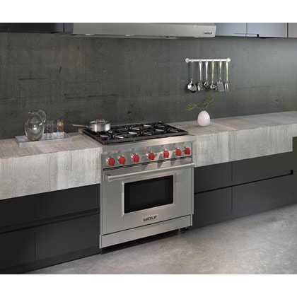 The Wolf 36" Gas Range 6 Burner (GR366) Rangetop shown displaying performance features born of professional kitchens.