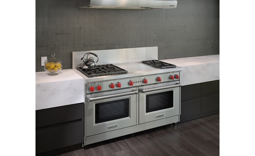 The Wolf 60" Gas Range 6 Burner French Top (GR606F) Rangetop with Wolf 60" Pro Wall Hood - 24" Depth (PW602418)