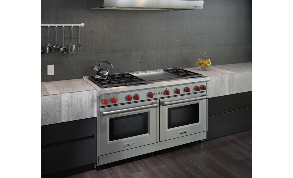 The Wolf 60" Gas Range 6 Burner Infrared Dual Griddle (GR606DG) Rangetop with Wolf 60" Pro Wall Hood - 24" Depth (PW602418)