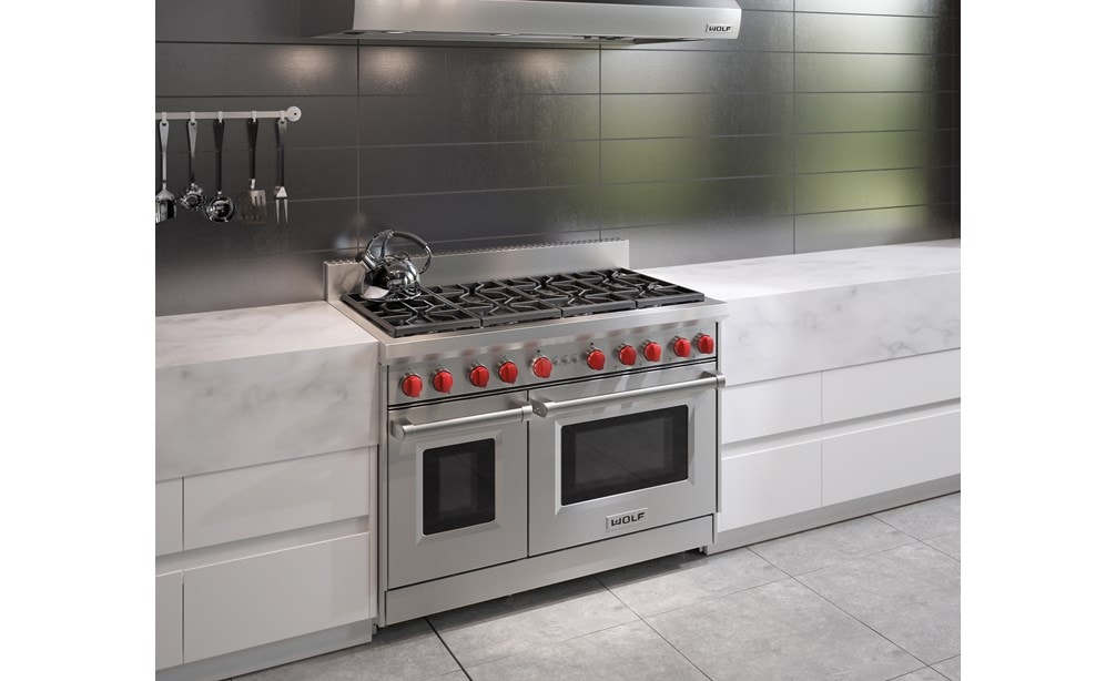 The Wolf 48" Gas Range 8 Burner (GR488) Rangetop with Wolf 48" Pro Wall Hood - 24" Depth (PW482418)