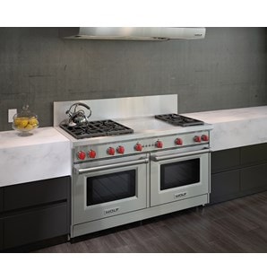 The Wolf 60" Gas Range 6 Burner French Top (GR606F) Rangetop with Wolf 60" Pro Wall Hood - 24" Depth (PW602418)