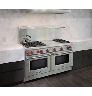 The Wolf 60" Gas Range 6 Burner French Top (GR606F) Rangetop with Wolf 60" Pro Wall Hood - 24" Depth (PW602418)