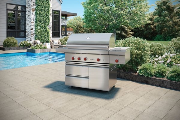 Wolf 42" Outdoor Gas Grill (OG42) featues sculpted double-wall stainless steel for seamless strength and polish to any outdoor space.