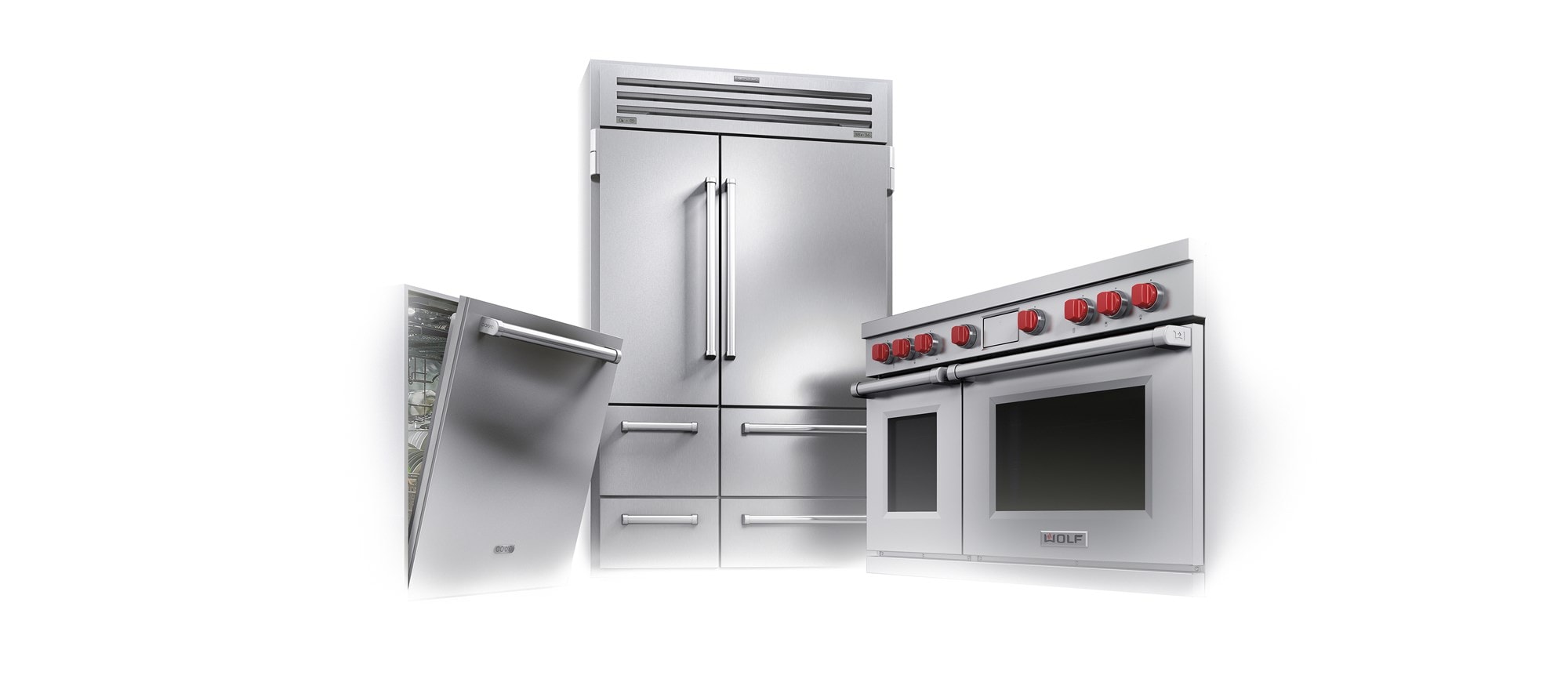 L’ensemble d’appareils électroménagers de cuisine de luxe emblématique comprend une cuisinière mixte Wolf, un réfrigérateur Sub-Zero 48 po Pro et un lave-vaisselle Cove 24 po. 