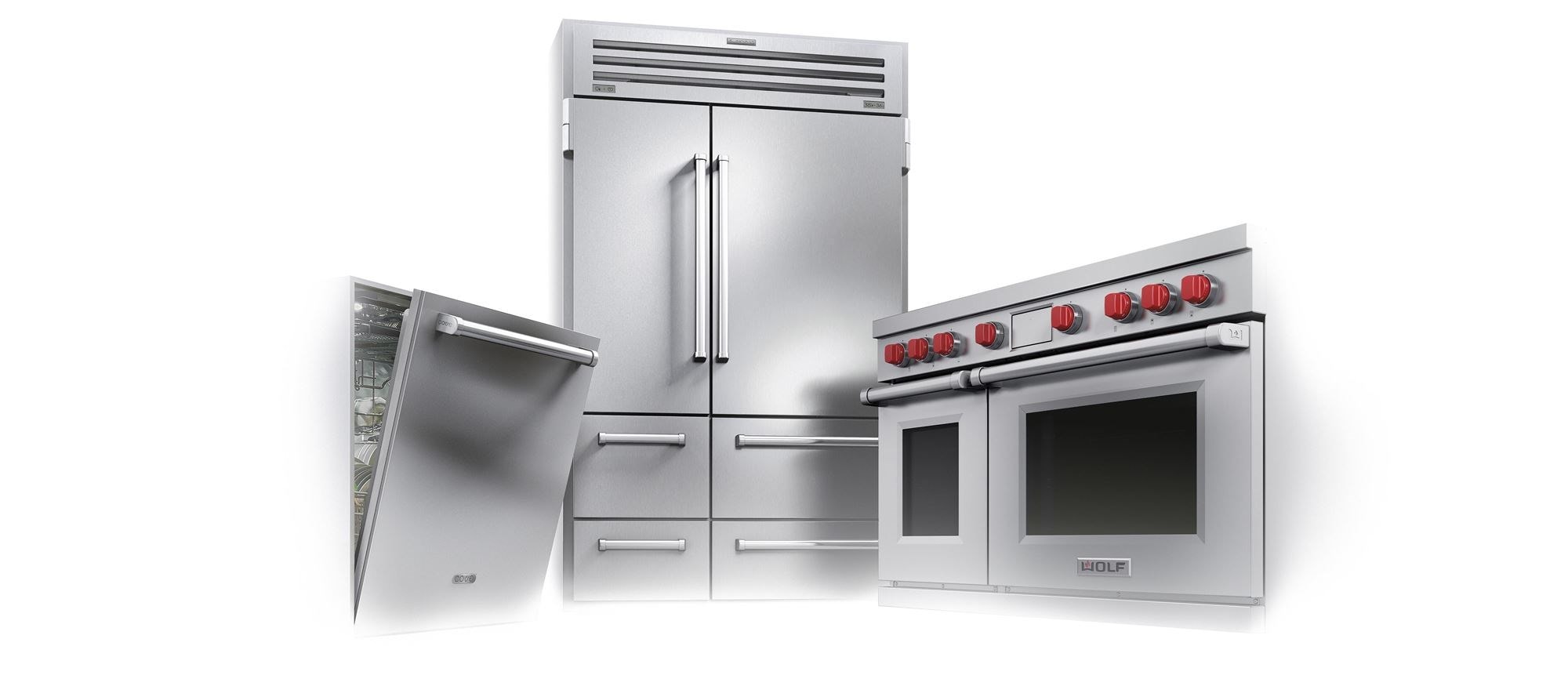L’ensemble d’appareils électroménagers de cuisine de luxe emblématique comprend une cuisinière mixte Wolf, un réfrigérateur Sub-Zero 48 po Pro et un lave-vaisselle Cove 24 po. 