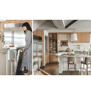 Lave-vaisselle Cove en acier inoxydable illustré avec la porte ouverte dans une cuisine contemporaine