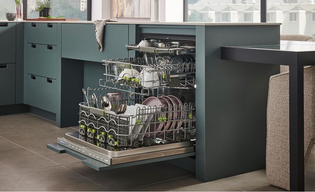 24 inch ADA Compatible Panel Ready Built In Dishwasher (DW2451/ADA) by Cove Dishwashers shown set flush in marble countertop.