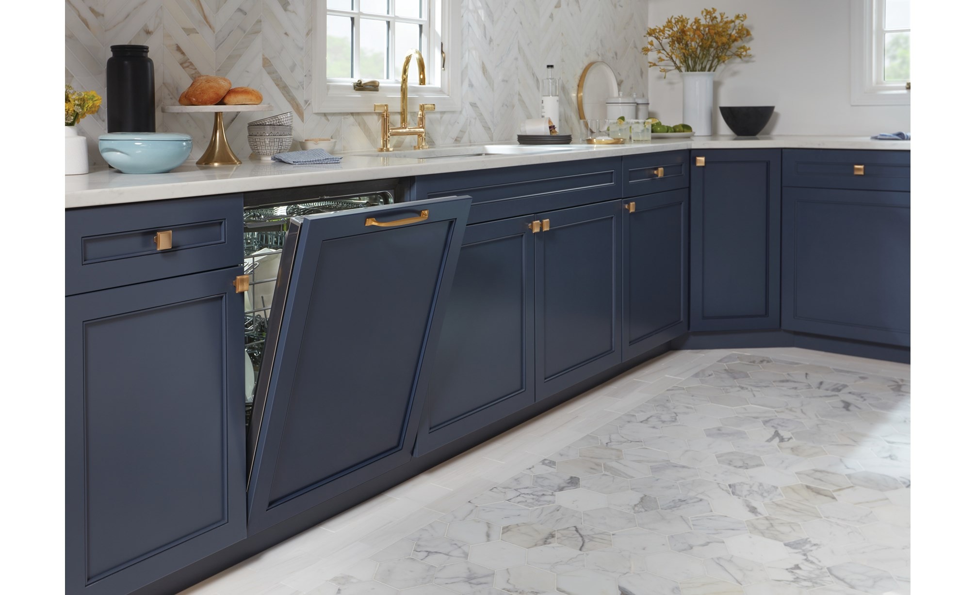 24 inch Panel Ready Dishwasher with Water Softener (DW2451WS) by Cove Dishwashers shown with custom deep blue panel matching kitchen cabinetry.