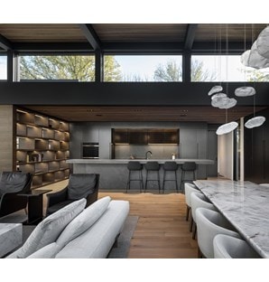 Sub-Zero, Wolf, and Cove KDC Finalist Living Lounge featuring IC-18FI 18" All Freezer Column with Ice Maker, IC-30RID 30" All Refrigerator Column with Internal Dispenser, DO30CM/B 30" Contemporary Double Oven and GR366 36" Range - 6 Burners