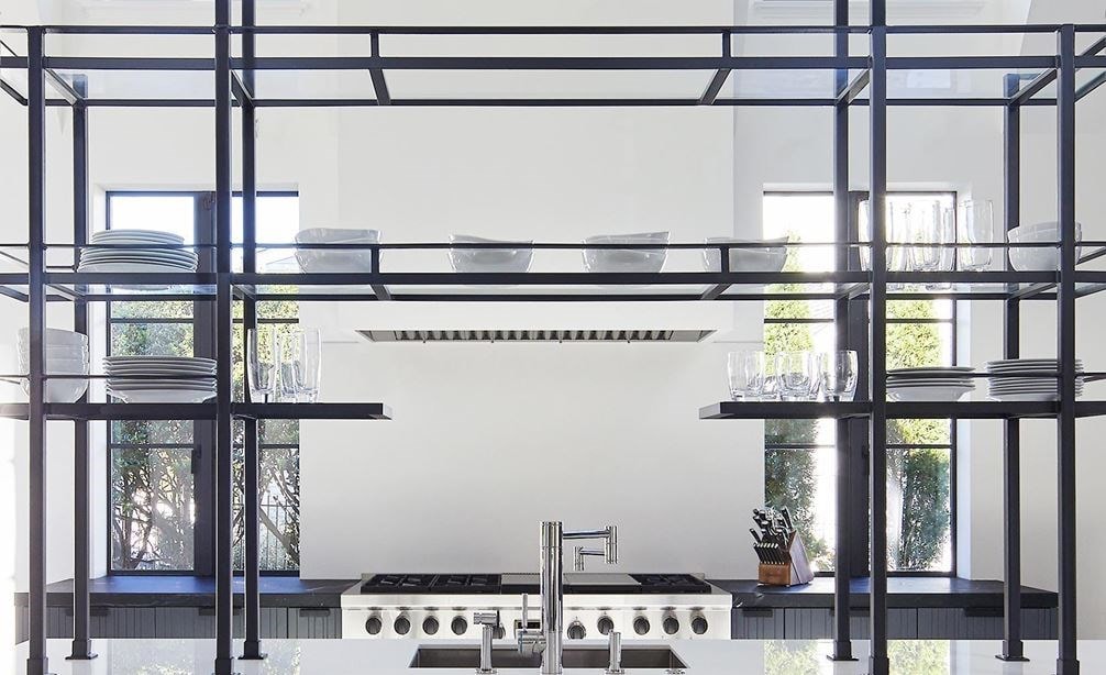 Wolf 60" Charbroiler and Griddle Dual Fuel Range in Black Metal and White Plaster by Donald Lococo.