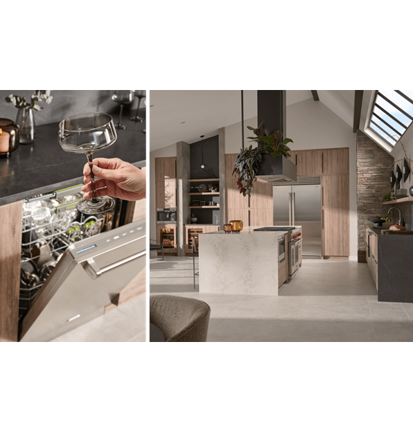 Lave-vaisselle Cove en acier inoxydable présenté dans une cuisine ouverte moderne équipée d'une cuisinière à gaz Wolf et d'un réfrigérateur Sub-Zero