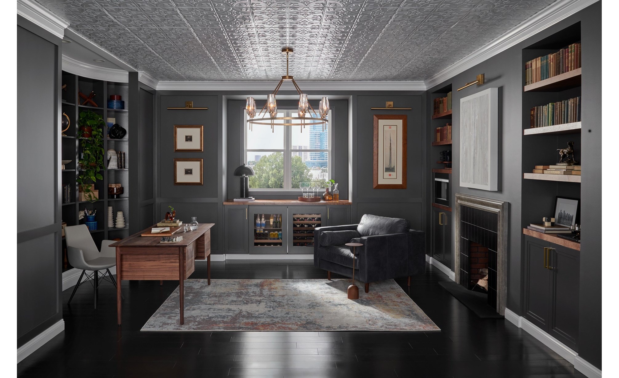 Sub-Zero 24" Designer Undercounter ADA Height Beverage Center - Panel Ready (DEU2450BG/ADA) shown in black custom cabinetry in dark home office 