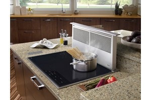 Surface de cuisson à induction Wolf 30 po de style transitionnel (CI304T/S) jumelée à une ventilation à tirage descendant de 30 po (DD30) dans des comptoirs en granit riche