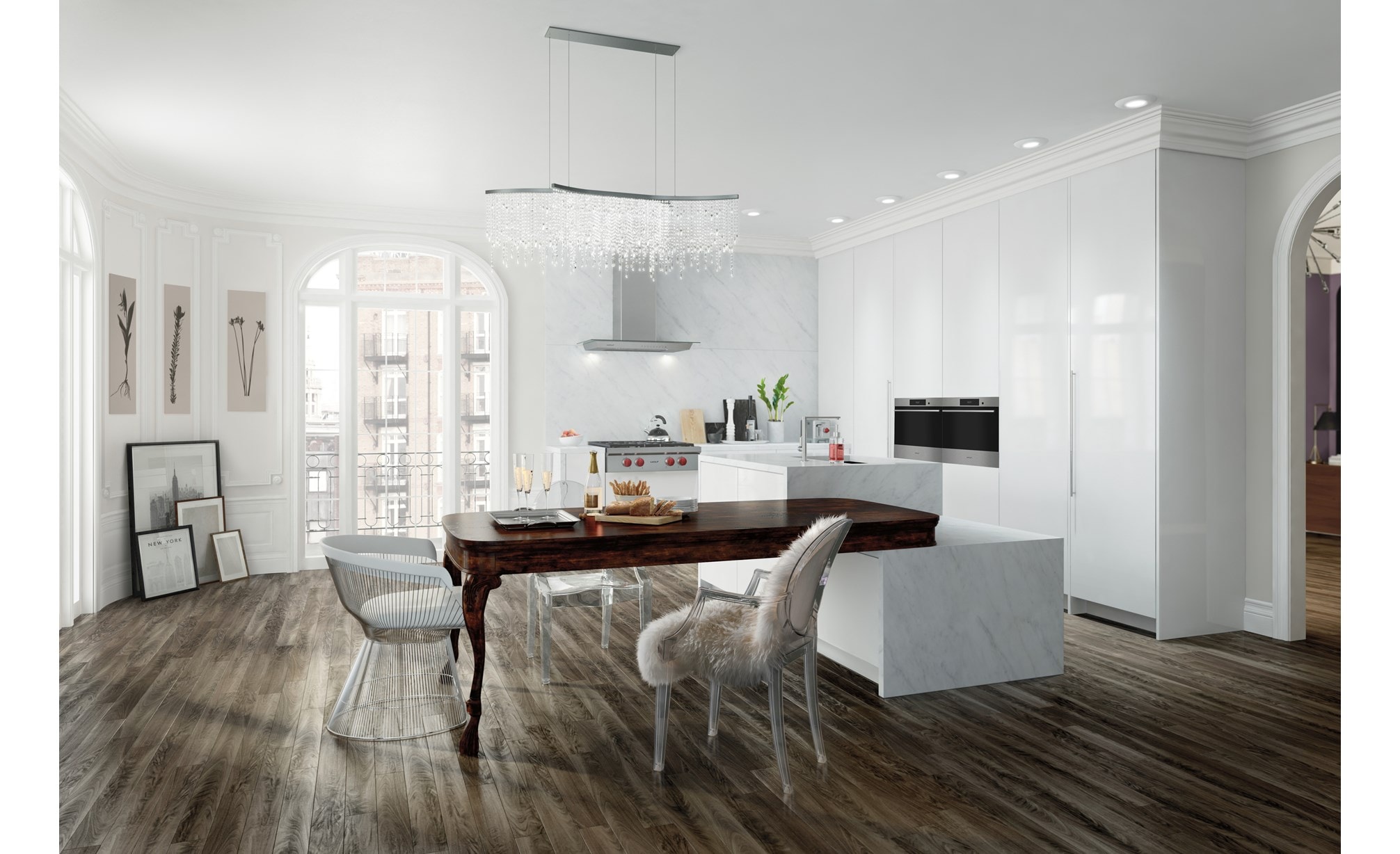 Le dessus de cuisinière Wolf 30 po à 4 brûleurs scellés (SRT304) se fond parfaitement dans un espace de cuisine ouverte contemporain d'un blanc éclatant.