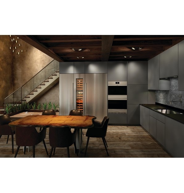 Le four double en acier inoxydable Wolf 30 po série M de style contemporain (DO30CM/S) présenté dans un style de cuisine de style européen classique et ultra-moderne.