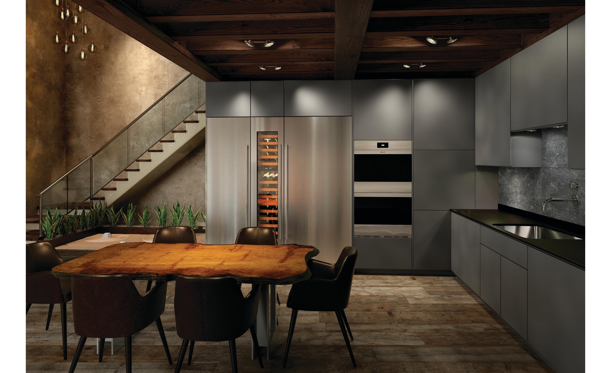 Le four double en acier inoxydable Wolf 30 po série M de style contemporain (DO30CM/S) présenté dans un style de cuisine de style européen classique et ultra-moderne.