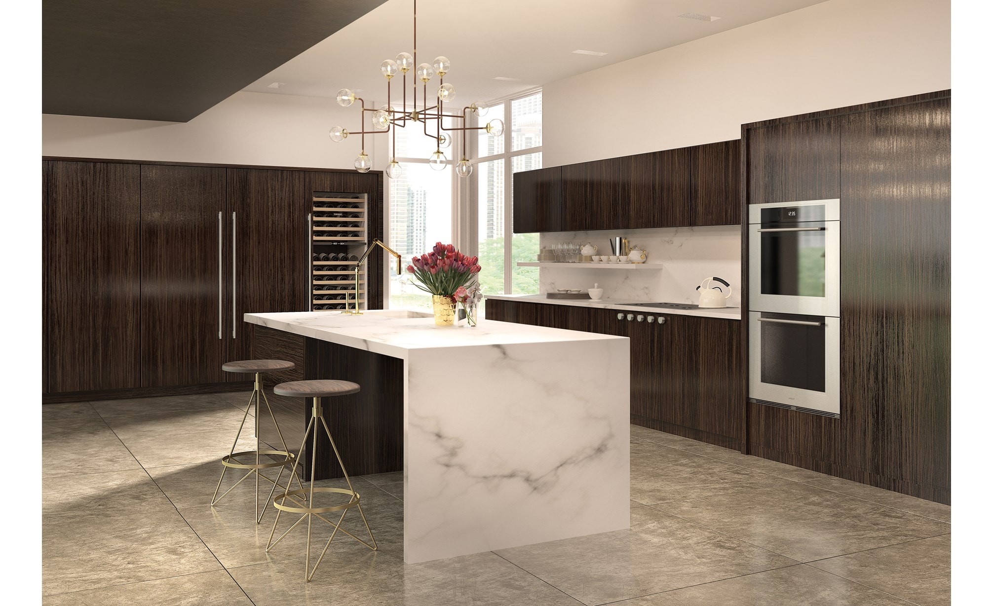 Le four double Wolf 30 po série M de style transitionnel (DO30TM/S/TH) est doté d'une surface de cuisson au gaz Wolf 36 po de style contemporain (CG365C/S)